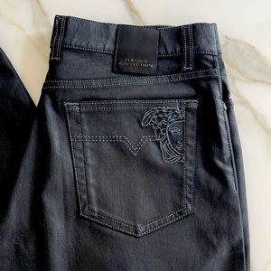 NWOT Versace Black Coated Denim Jeans w Medusa Embroidery